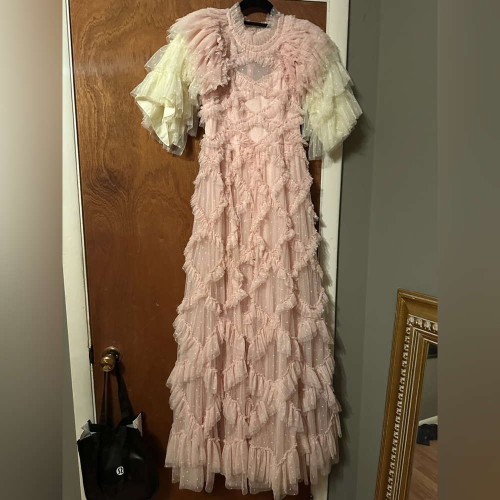 Needle & Thread pink and cream maxi dress
